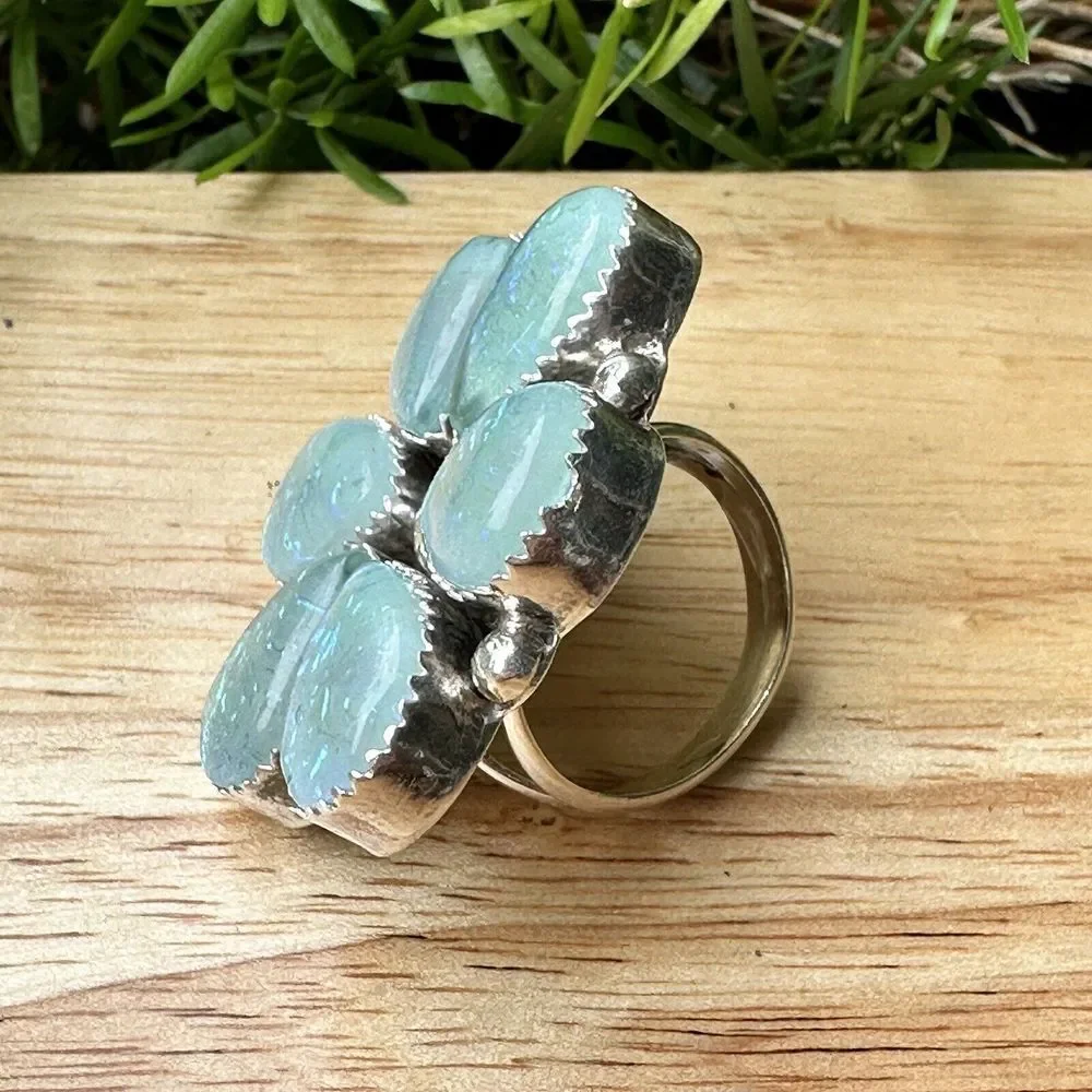 AR Yazzie Navajo Floral Ring Sterling Silver‎ 6.25 Foil Opal Glass 17.2g Signed